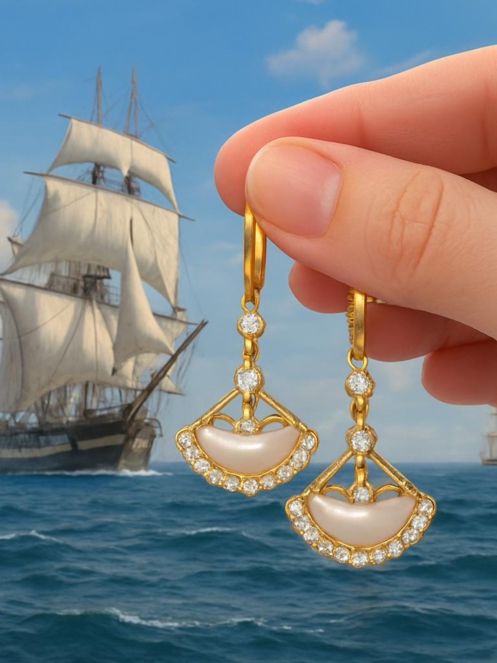 Gold and Yellow Fan-Shaped Dangle Earrings with Gemstone Accents